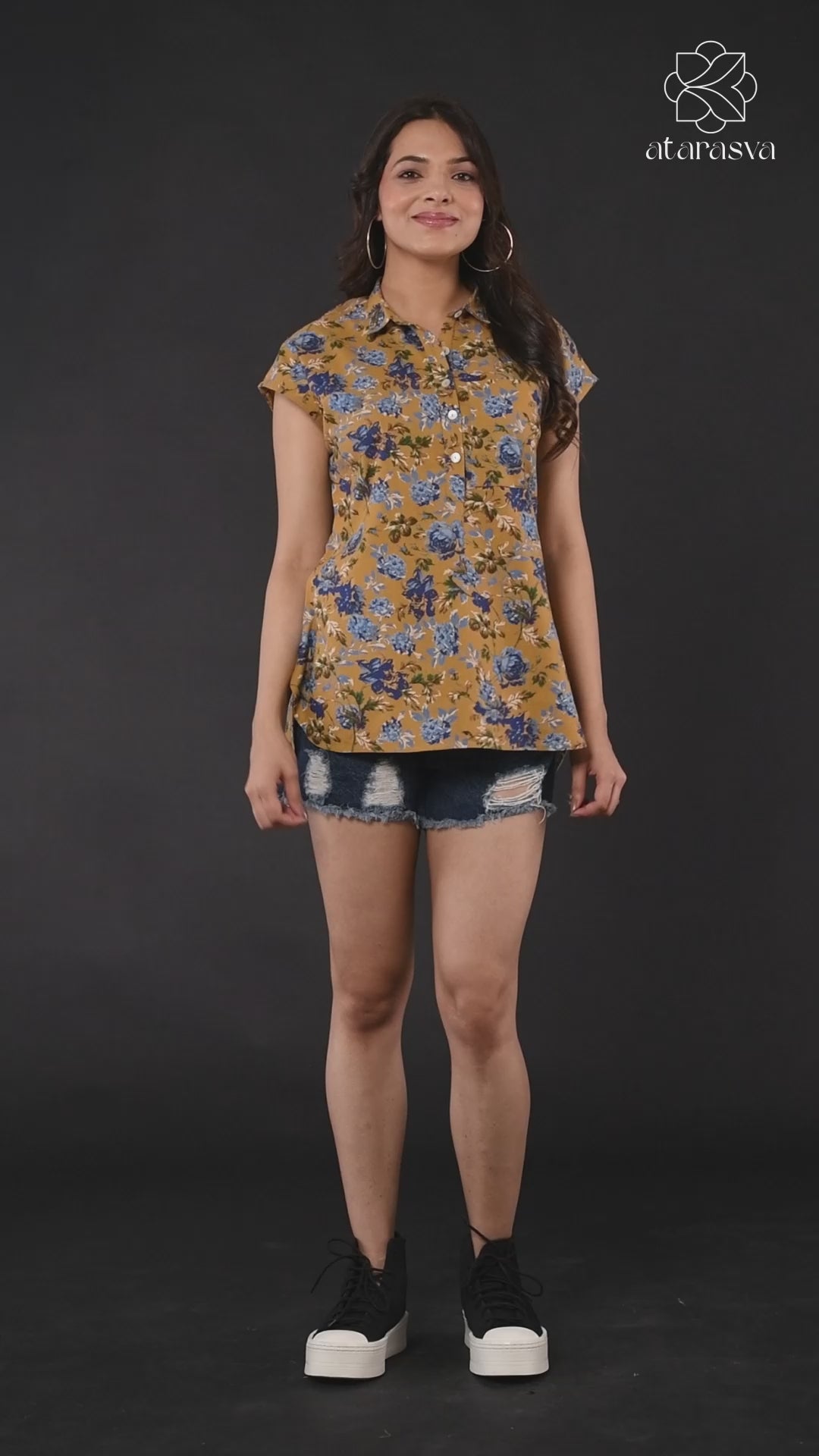 Women's Mustard Floral Cap Sleeve Top Casual Top