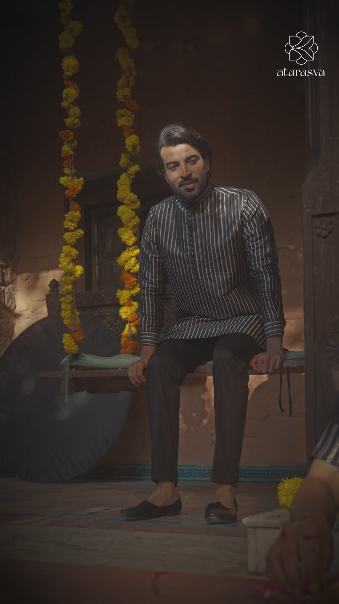 Heera - Tussar Silk Black Strips Designer Kurta Set for Men's Kurta Pant Set Kurta Pant Set