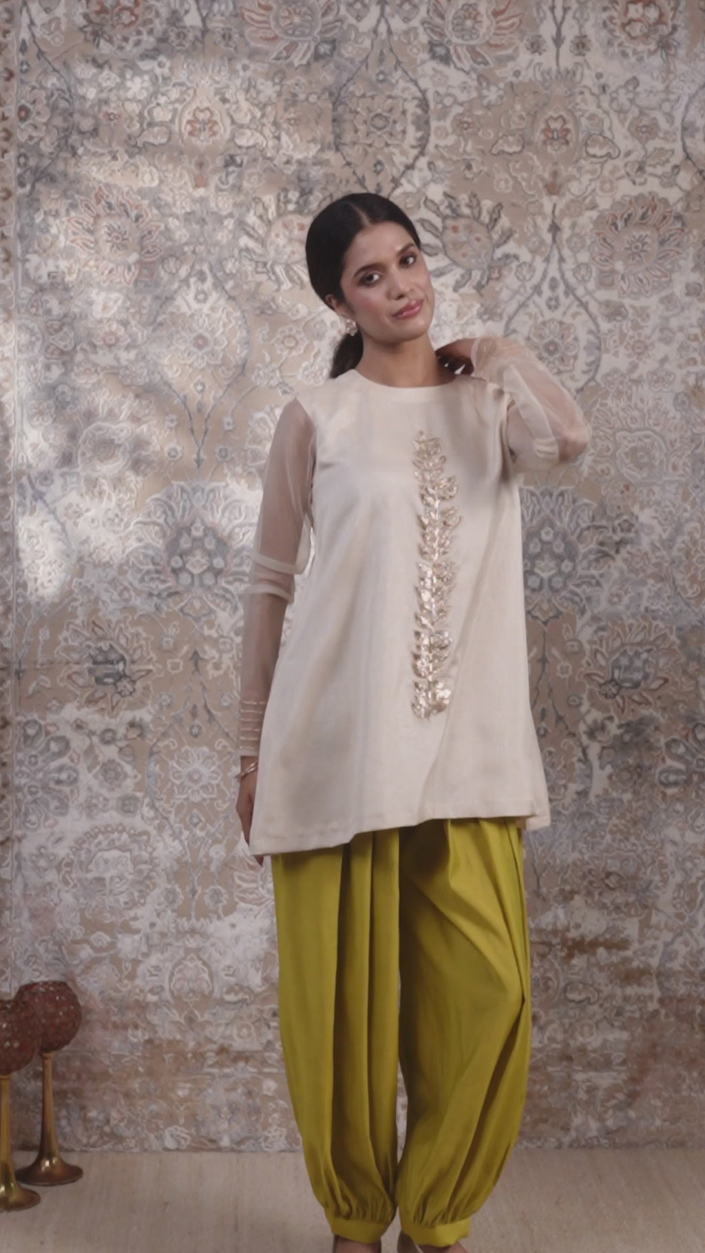 Rida - Women's Beige & Lime Green Short Kurta Set