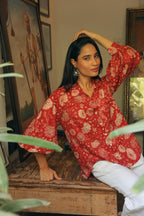 Women’s Red Floral Print Shirt with Bishop Sleeves Shirts Printed Cotton Shirt