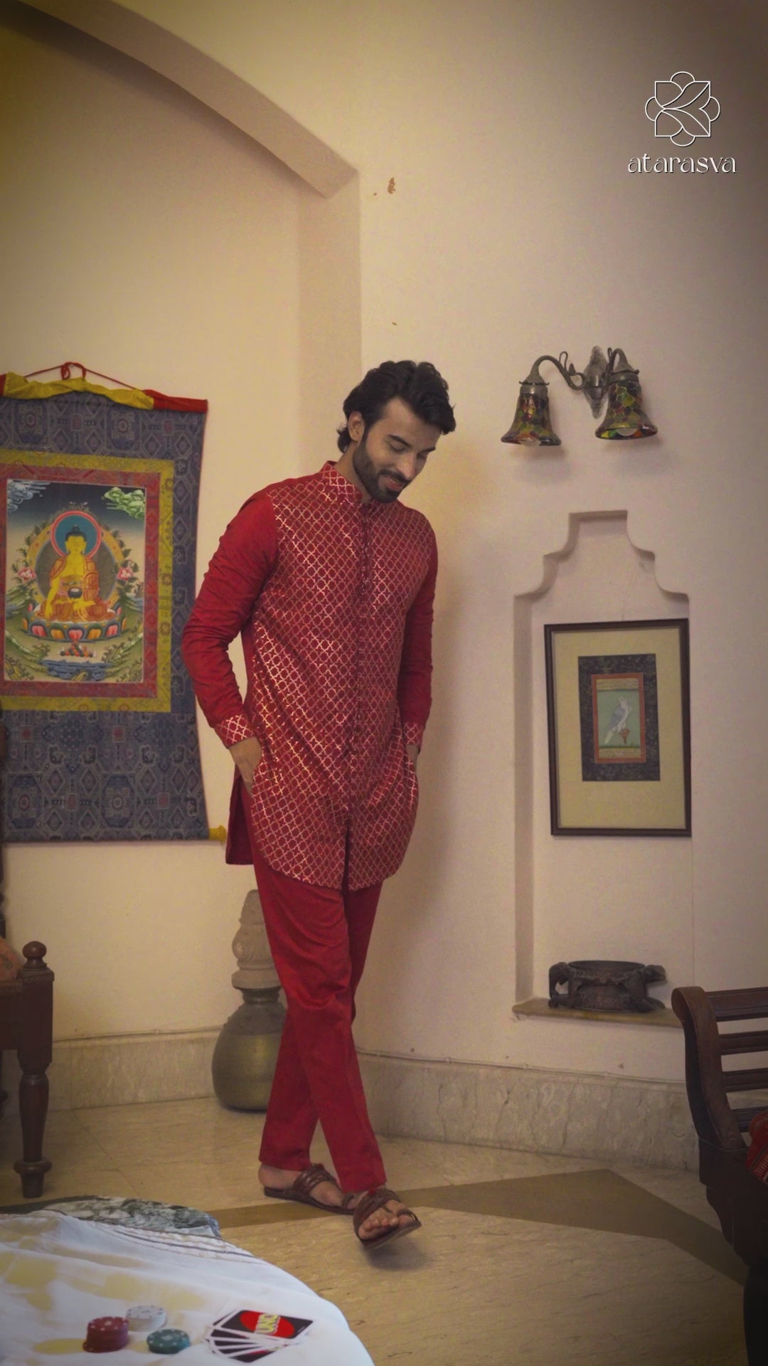 Nuraaz - Silk Mazenta Kurta Set for Men with Mandarin Collar Kurta Pant Set Kurta Pant Set