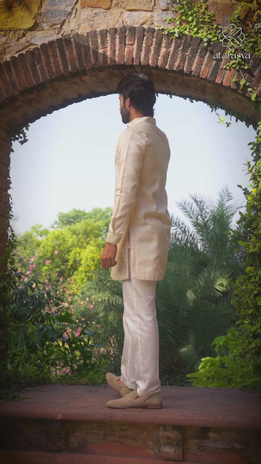 Ambar - Tussar Silk Beige Kurta for Men's with Mandarin Collar Kurta Pant Set Kurta Pant Set