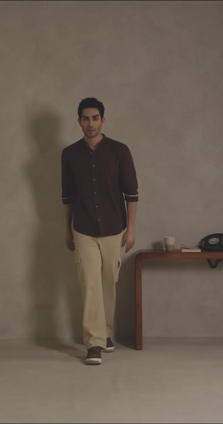 Walnut Brown - Linen Mandarin Collar Shirt for Men