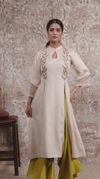Aabroo - Women's Beige & Lime Green Long Kurta Set