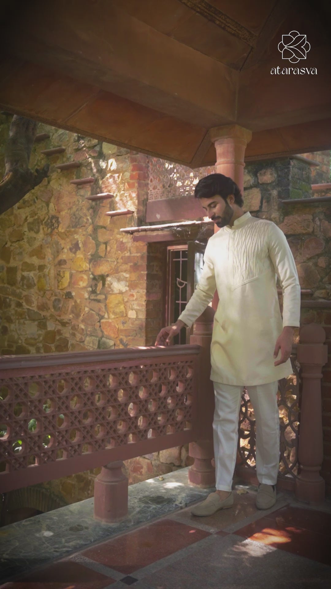 Nayaab - Beige Wave Pleats Mandarin collar Men's Kurta Set Kurta Pant Set Kurta Pant Set