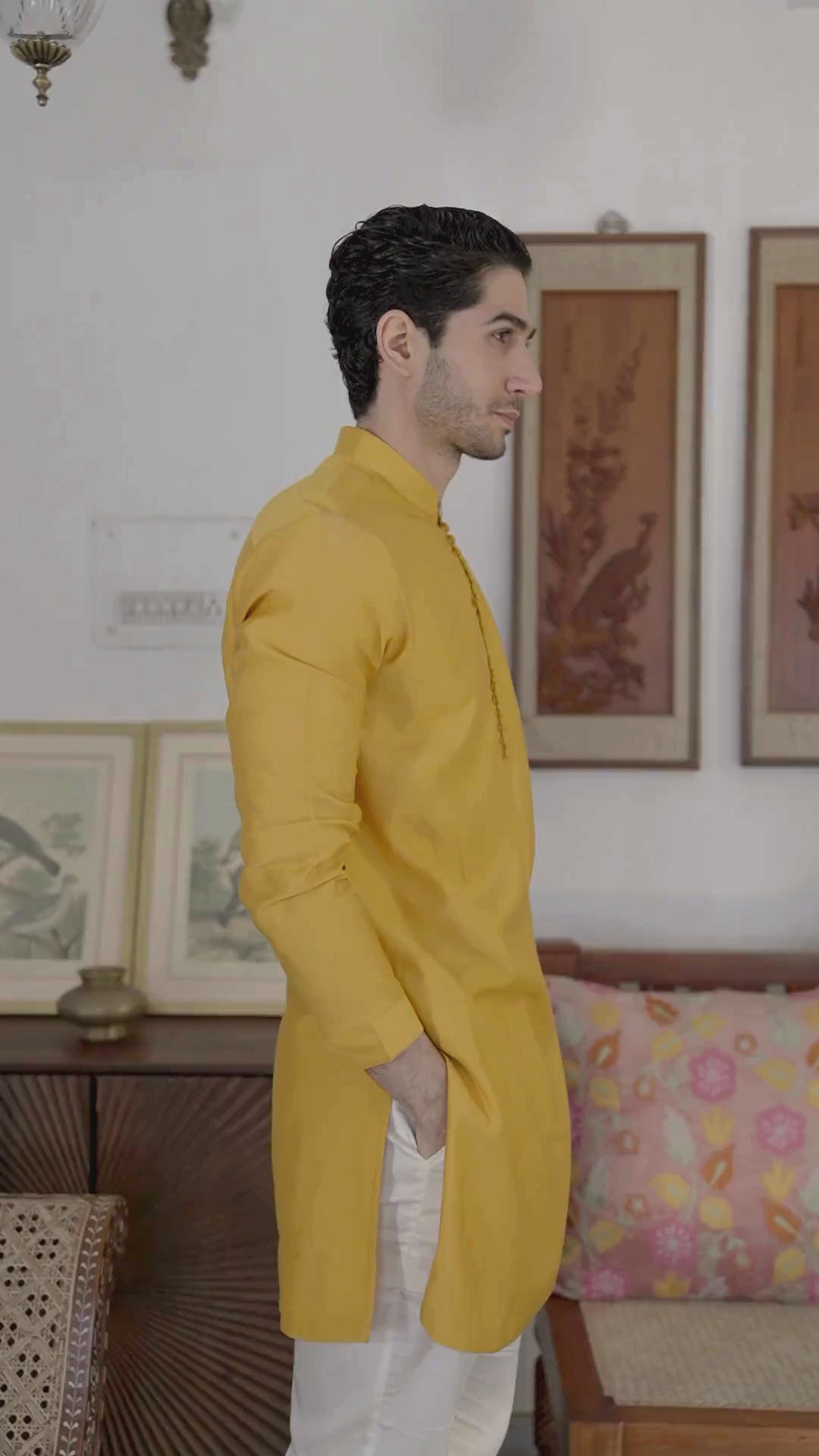 Men's Mustard Kurta with Mandarin Collar