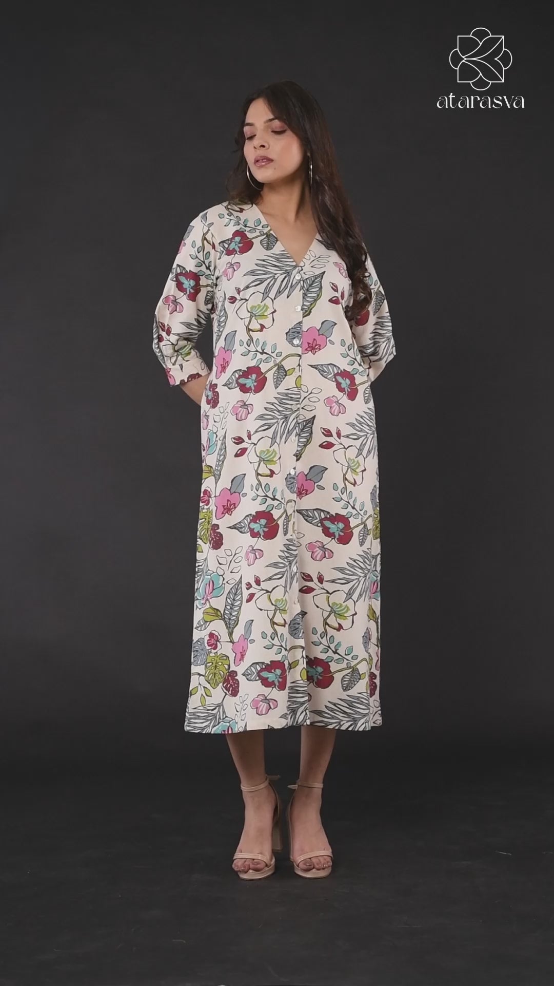 Women's Beige Floral V-Neck Midi Dress Midi Dress