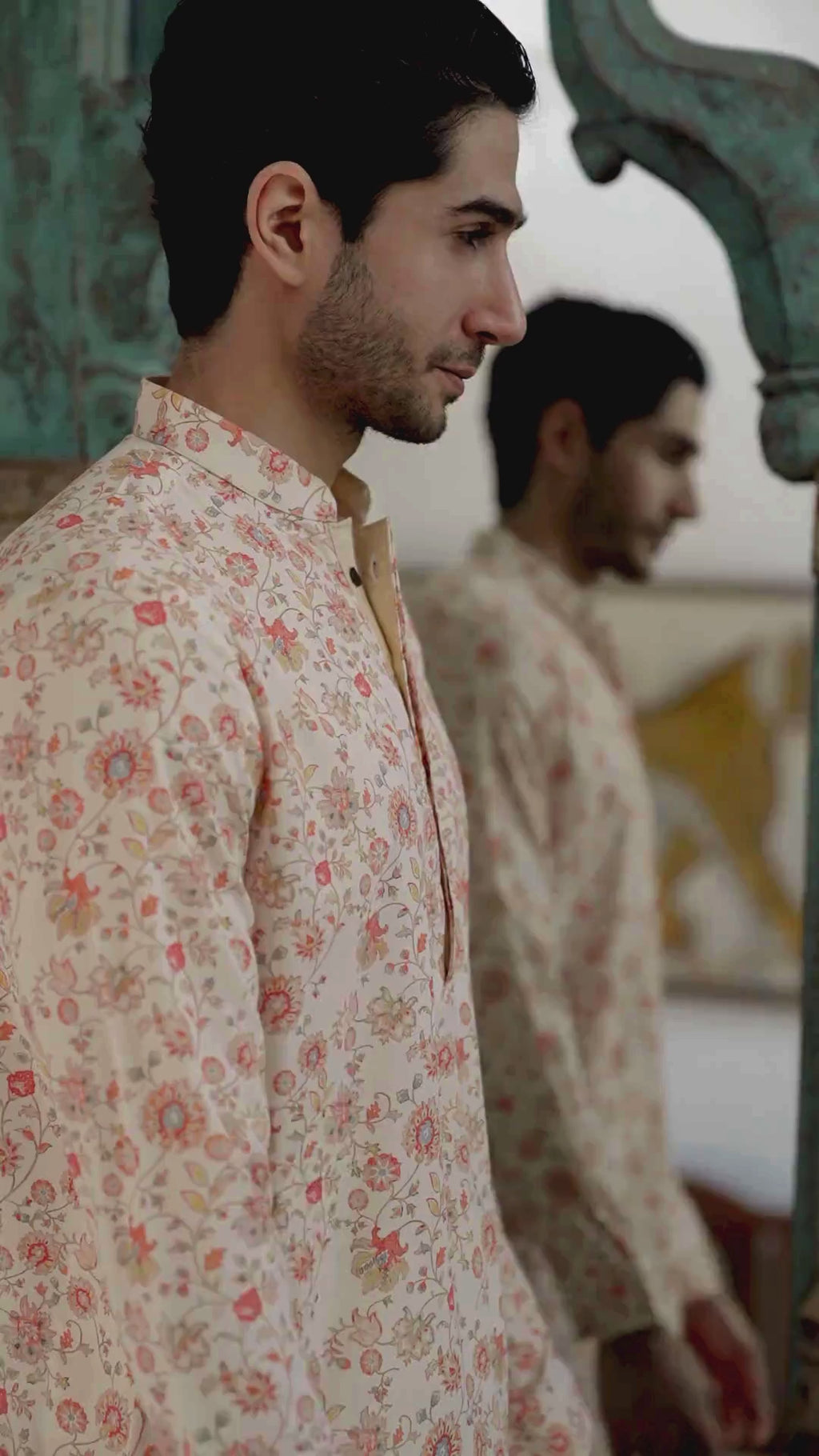 Men's Beige Printed Kurta with Mandarin Collar