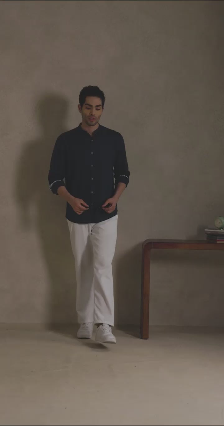 Space Blue - Linen Mandarin Collar Shirt for Men
