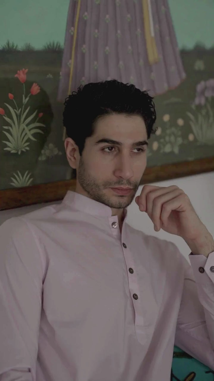 Men's Pastel Pink Short Kurta with Mandarin Collar
