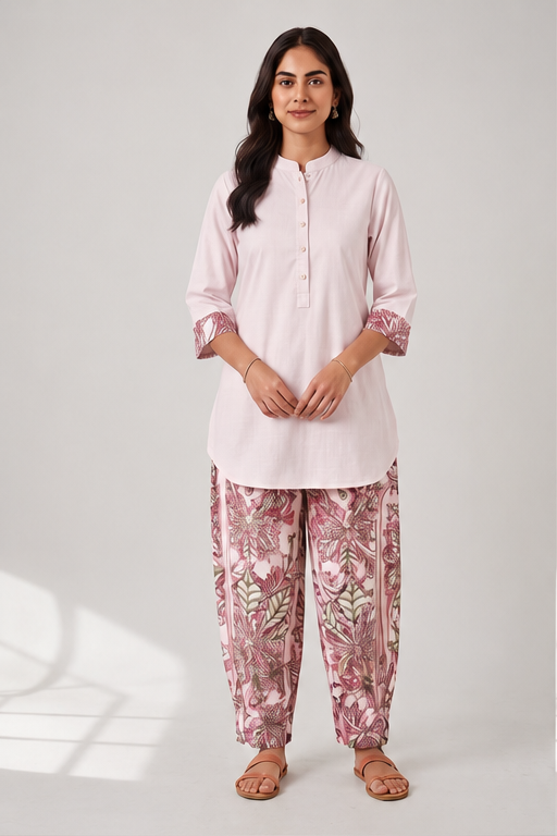 Curved Hem Relaxed Kurta with Printed Salwar - Baby Pink