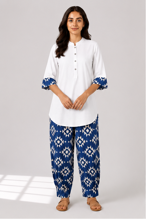 Curved Hem Relaxed Kurta with Printed Salwar - White