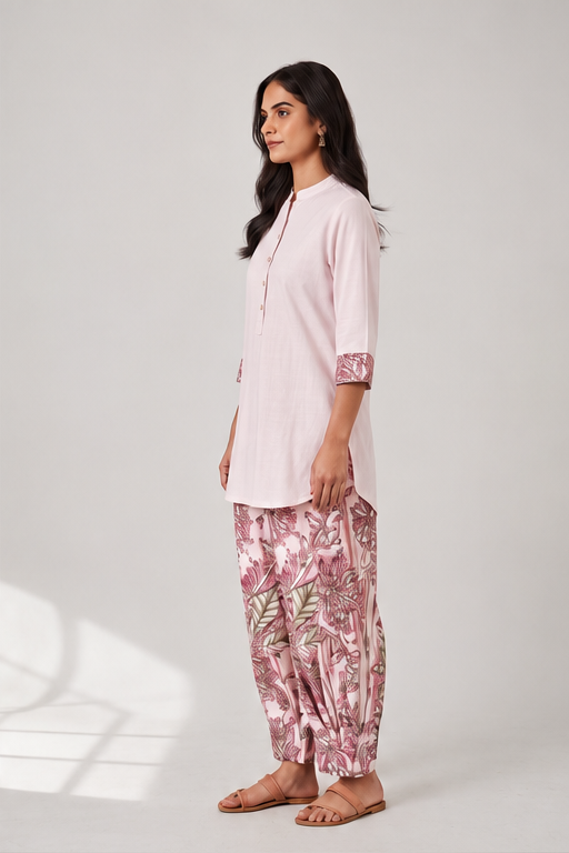 Curved Hem Relaxed Kurta with Printed Salwar - Baby Pink