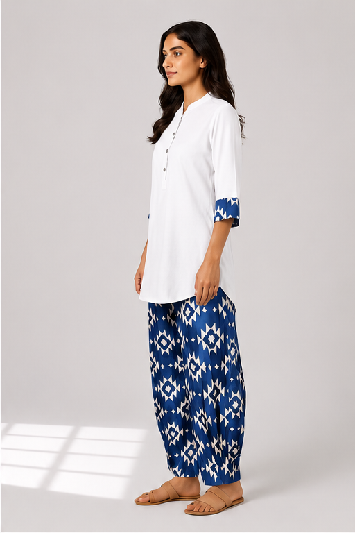 Curved Hem Relaxed Kurta with Printed Salwar - White