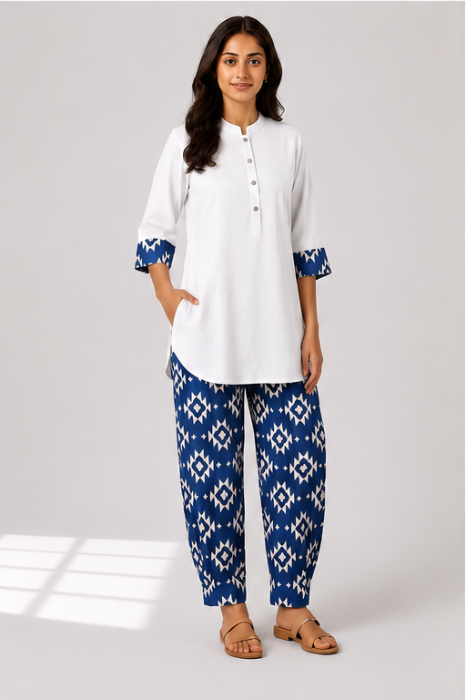 Curved Hem Relaxed Kurta with Printed Salwar - White