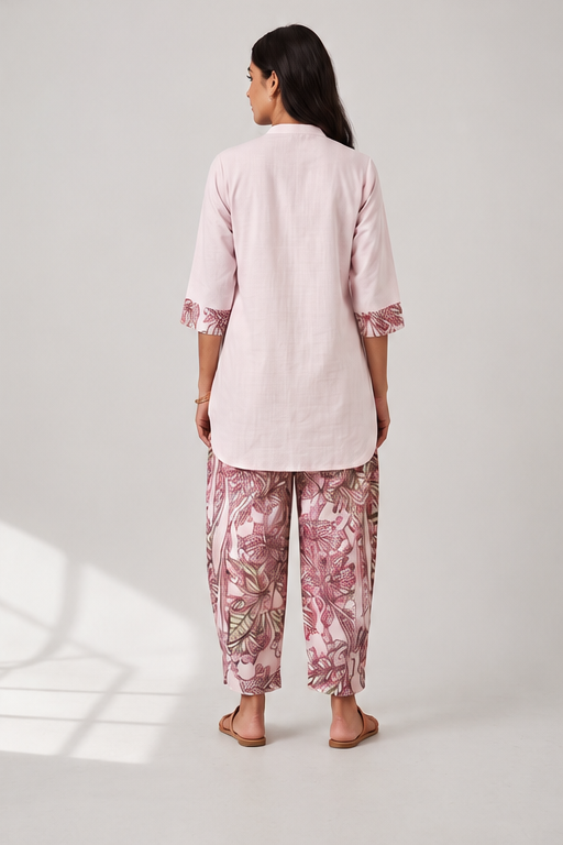 Curved Hem Relaxed Kurta with Printed Salwar - Baby Pink