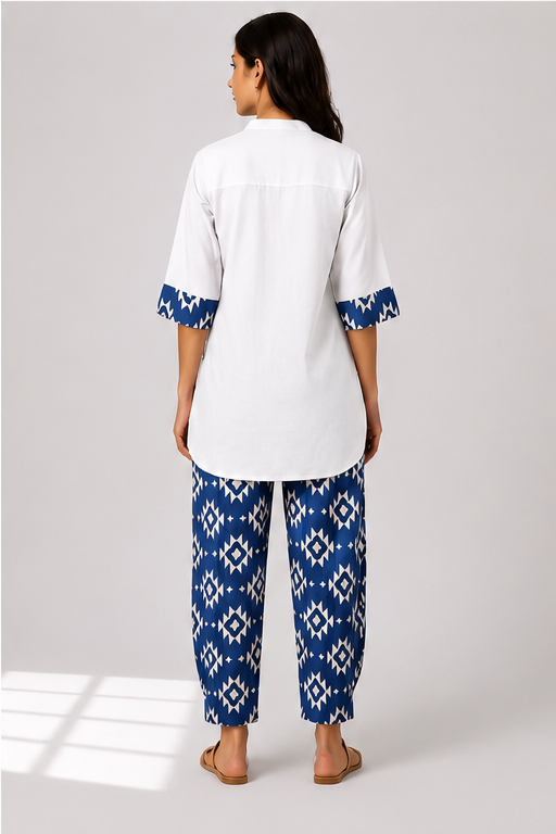 Curved Hem Relaxed Kurta with Printed Salwar - White