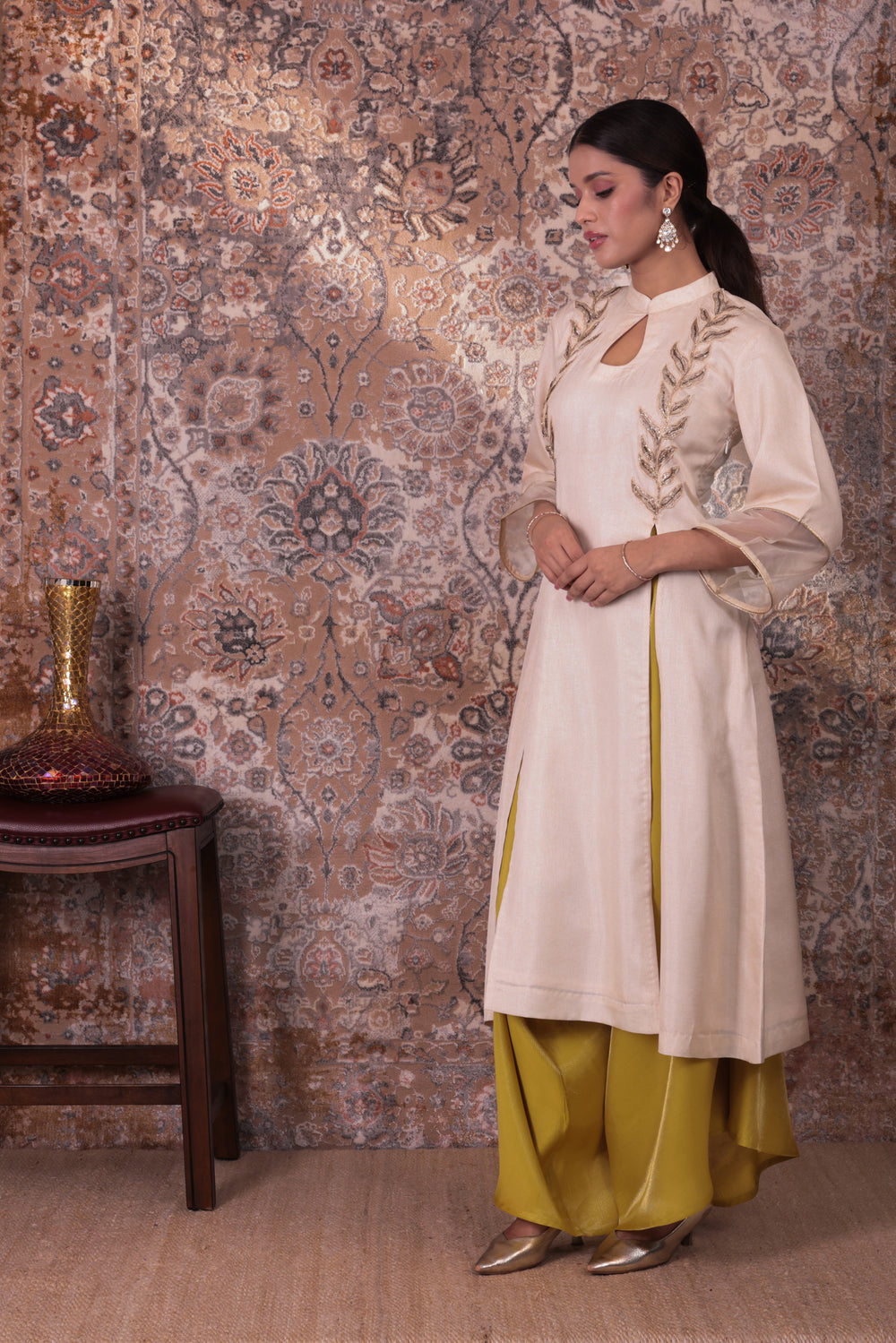 Aabroo - Women's Beige & Lime Green Long Kurta Set