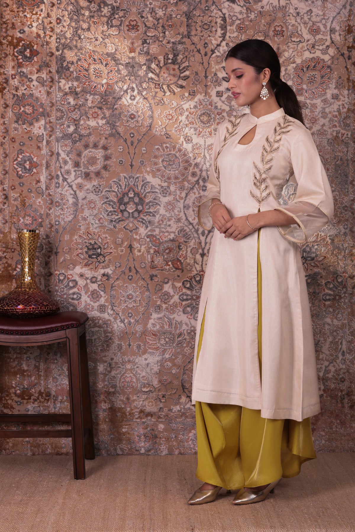Aabroo - Women's Beige & Lime Green Long Kurta Set