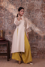 Aabroo - Women's Beige & Lime Green Long Kurta Set