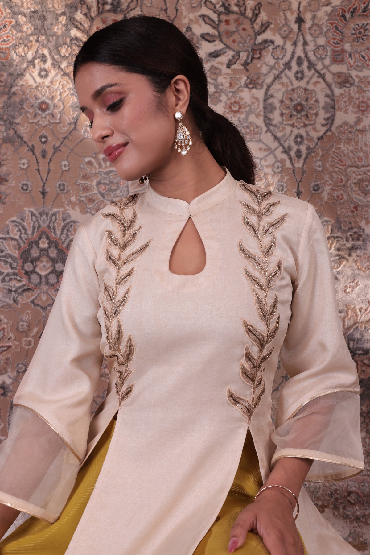 Aabroo - Women's Beige & Lime Green Long Kurta Set