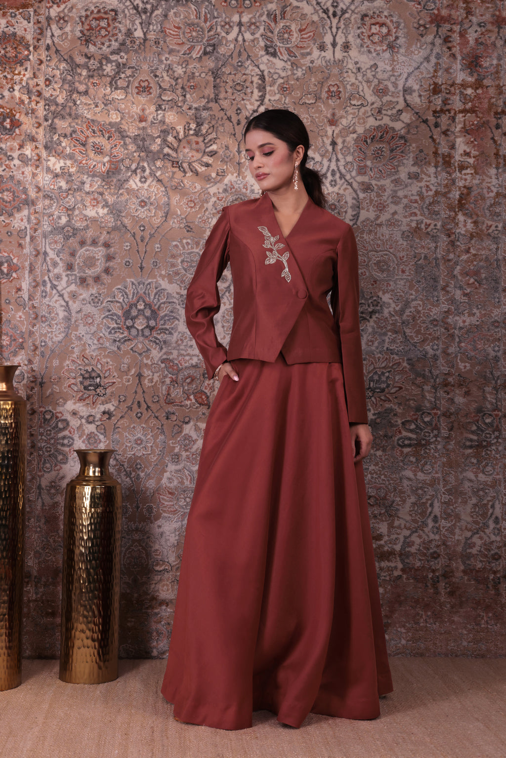 Inaya - Women's Copper Asymmetrical Jacket & Flared Skirt Set