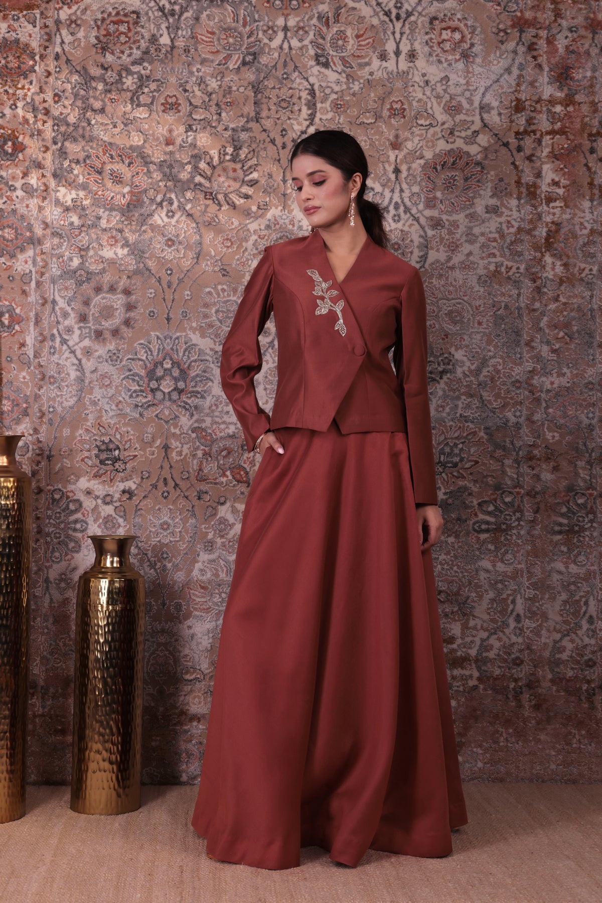 Inaya - Women's Copper Asymmetrical Jacket & Flared Skirt Set