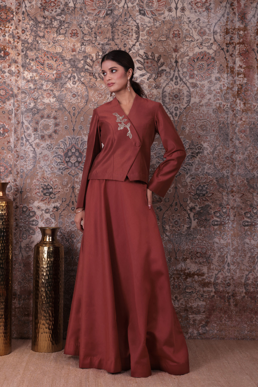 Inaya - Women's Copper Asymmetrical Jacket & Flared Skirt Set
