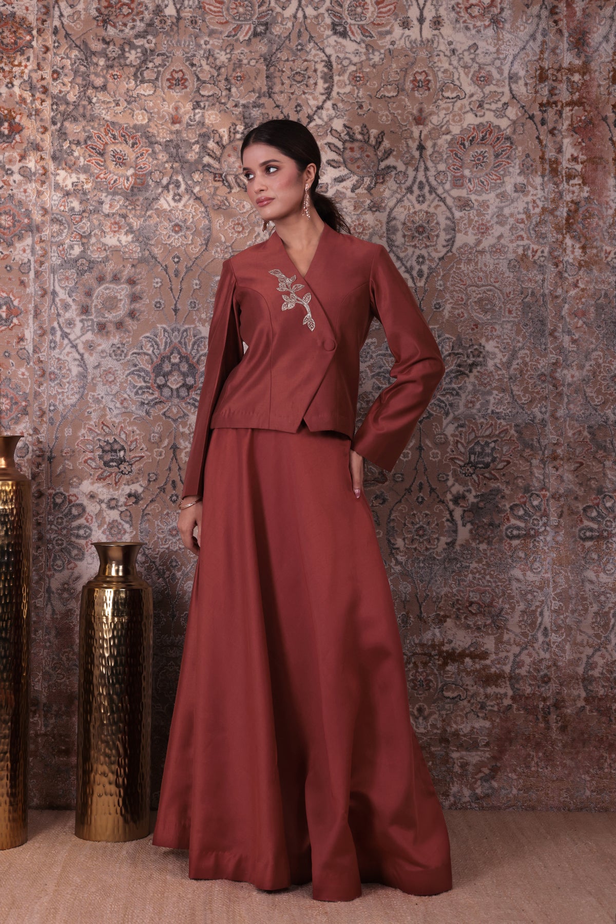 Inaya - Women's Copper Asymmetrical Jacket & Flared Skirt Set