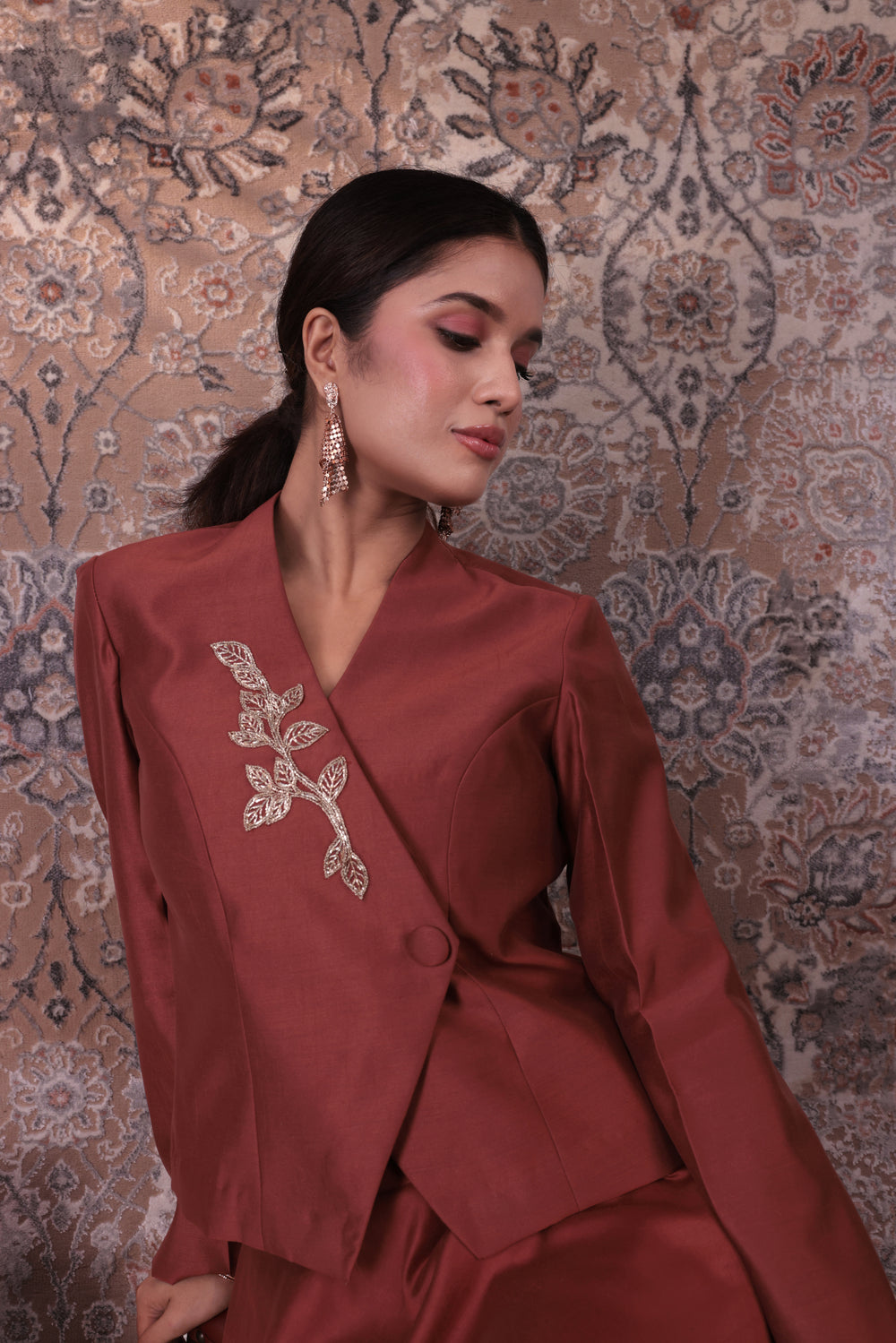 Inaya - Women's Copper Asymmetrical Jacket & Flared Skirt Set