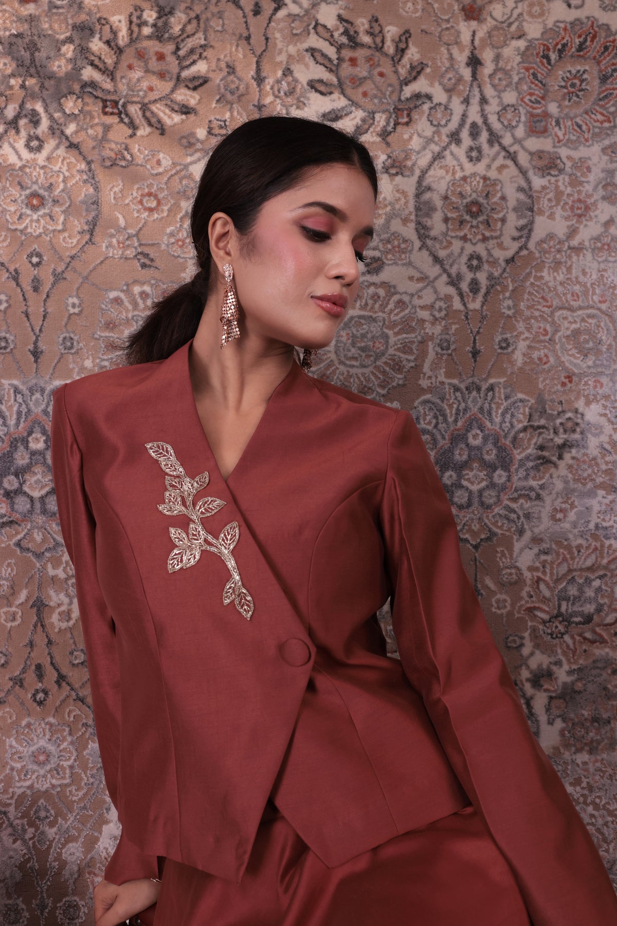 Inaya - Women's Copper Asymmetrical Jacket & Flared Skirt Set