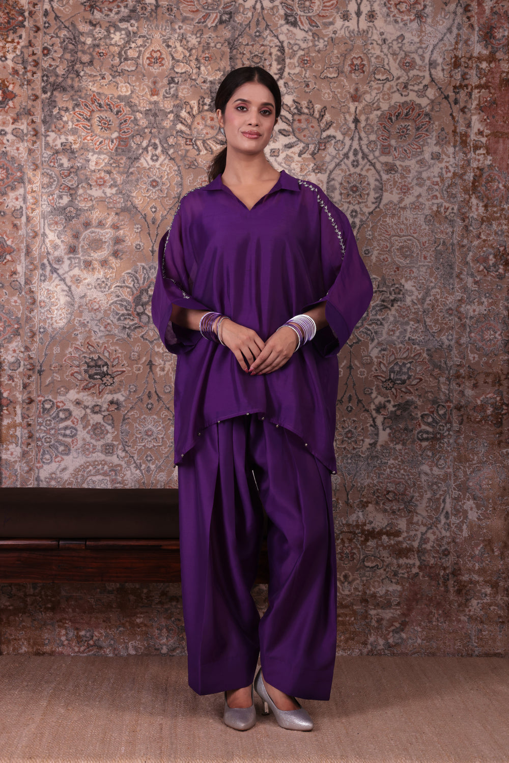 Raya - Women's Purple Embroidered Kaftan with Farshi Salwar Set