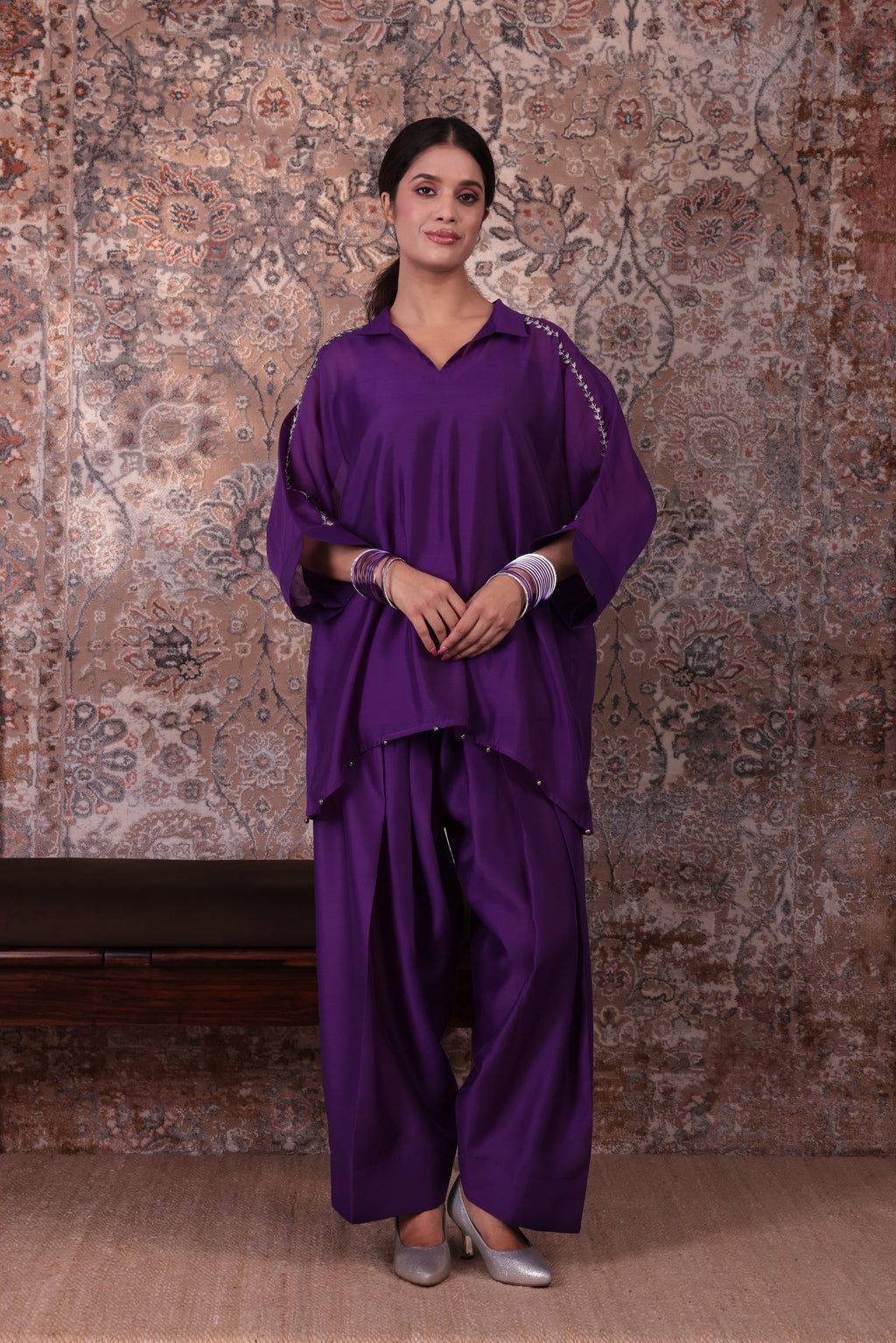 Raya - Women's Purple Embroidered Kaftan with Farshi Salwar Set