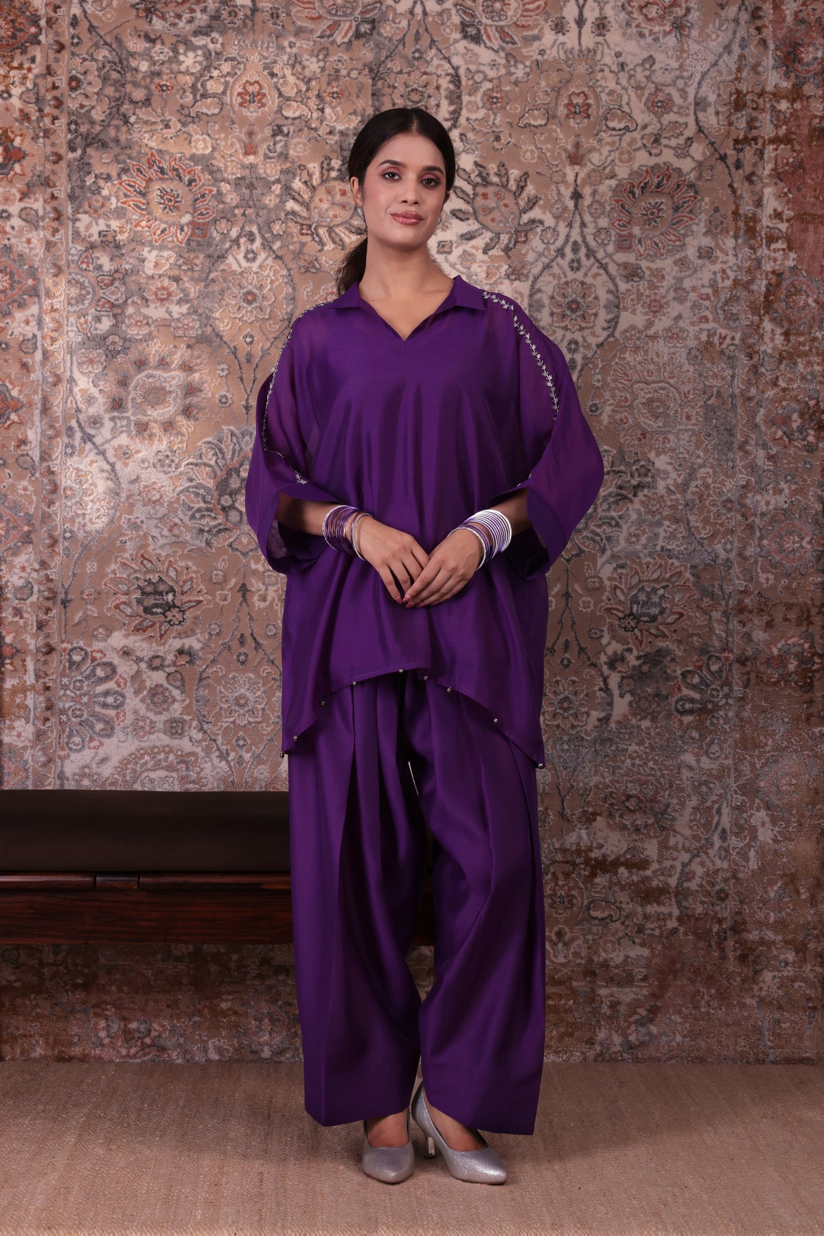 Raya - Women's Purple Embroidered Kaftan with Farshi Salwar Set