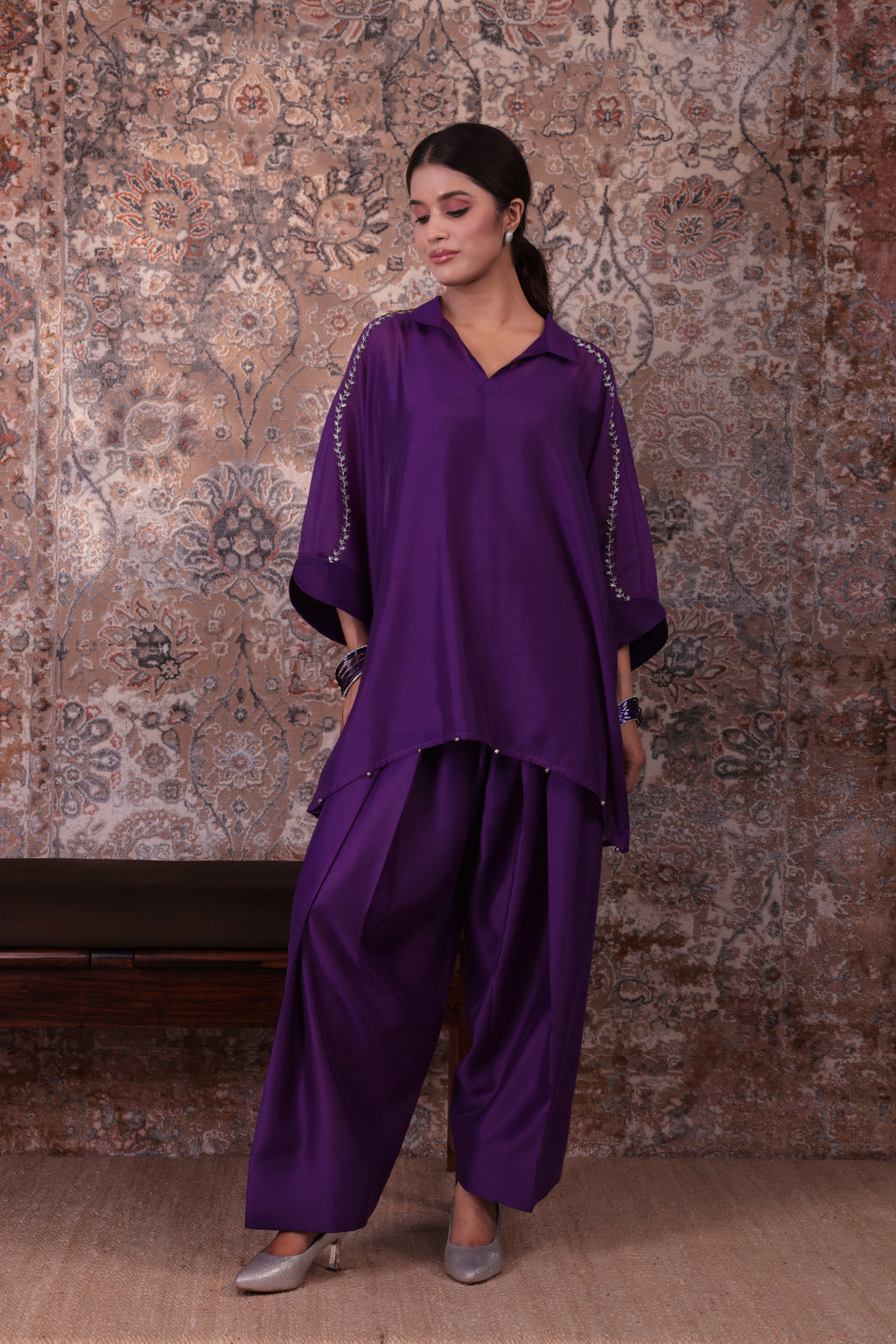 Raya - Women's Purple Embroidered Kaftan with Farshi Salwar Set