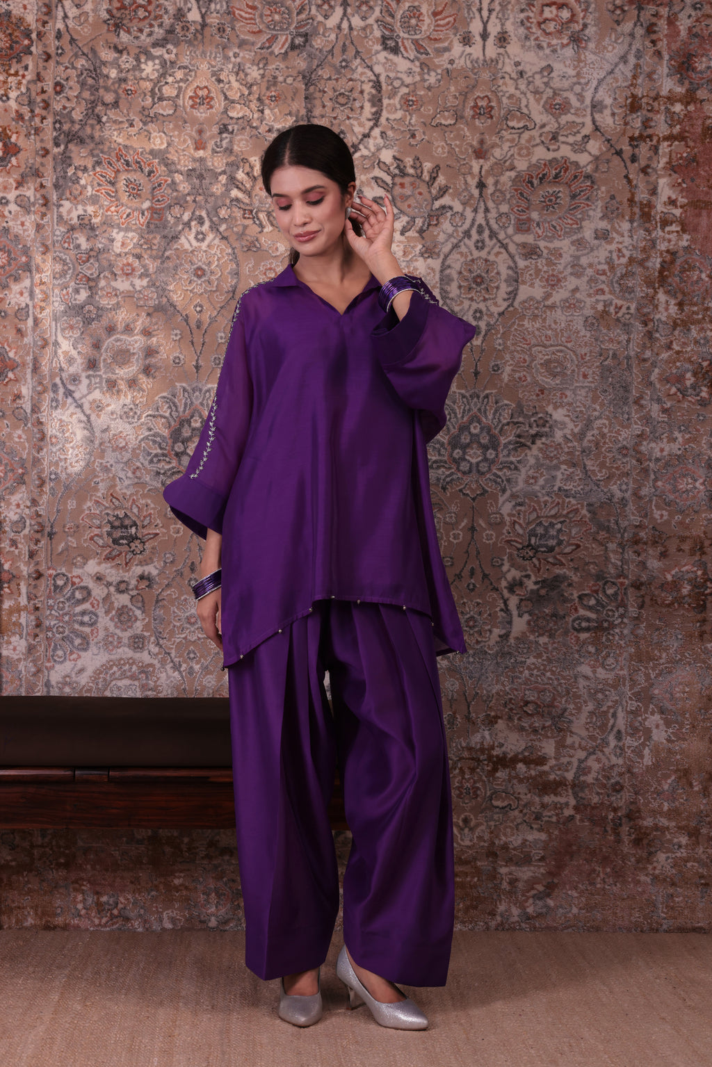 Raya - Women's Purple Embroidered Kaftan with Farshi Salwar Set