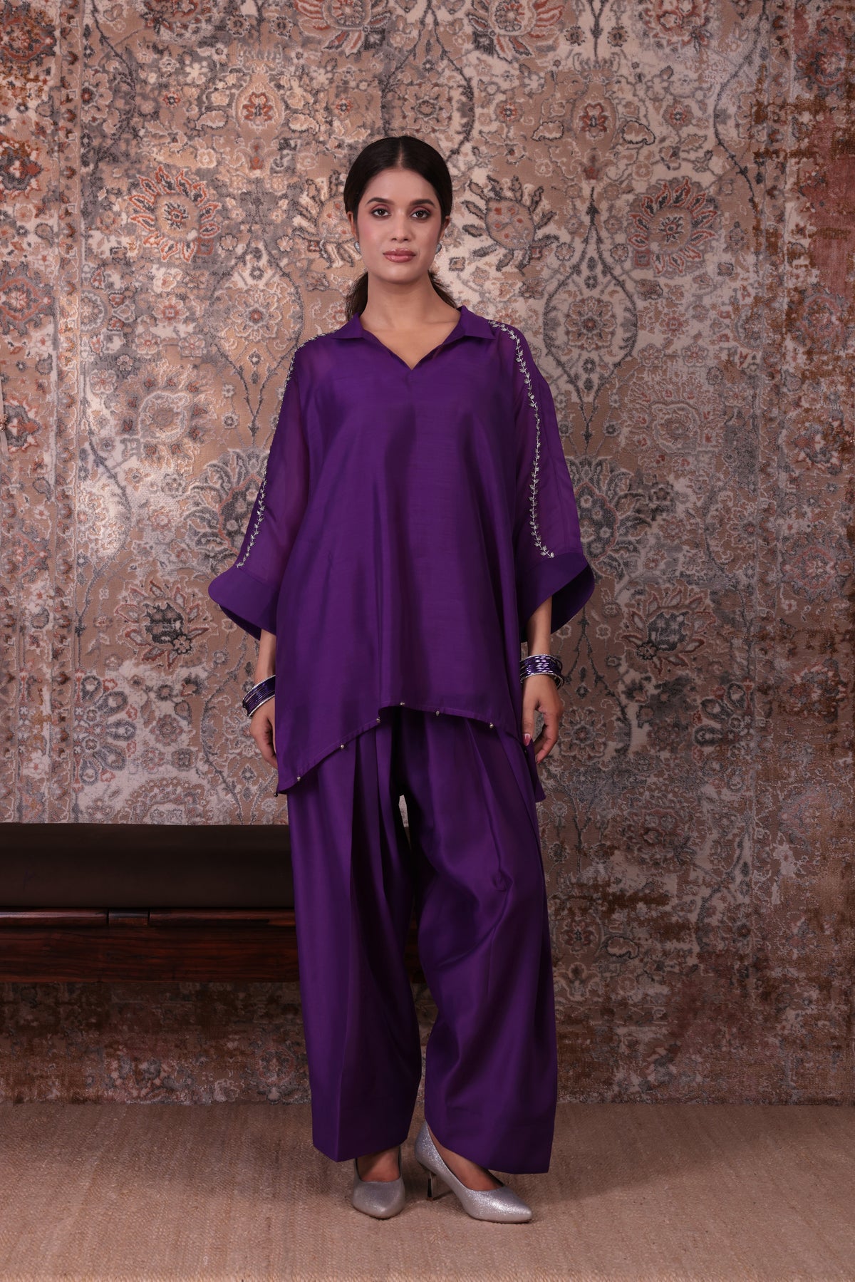 Raya - Women's Purple Embroidered Kaftan with Farshi Salwar Set