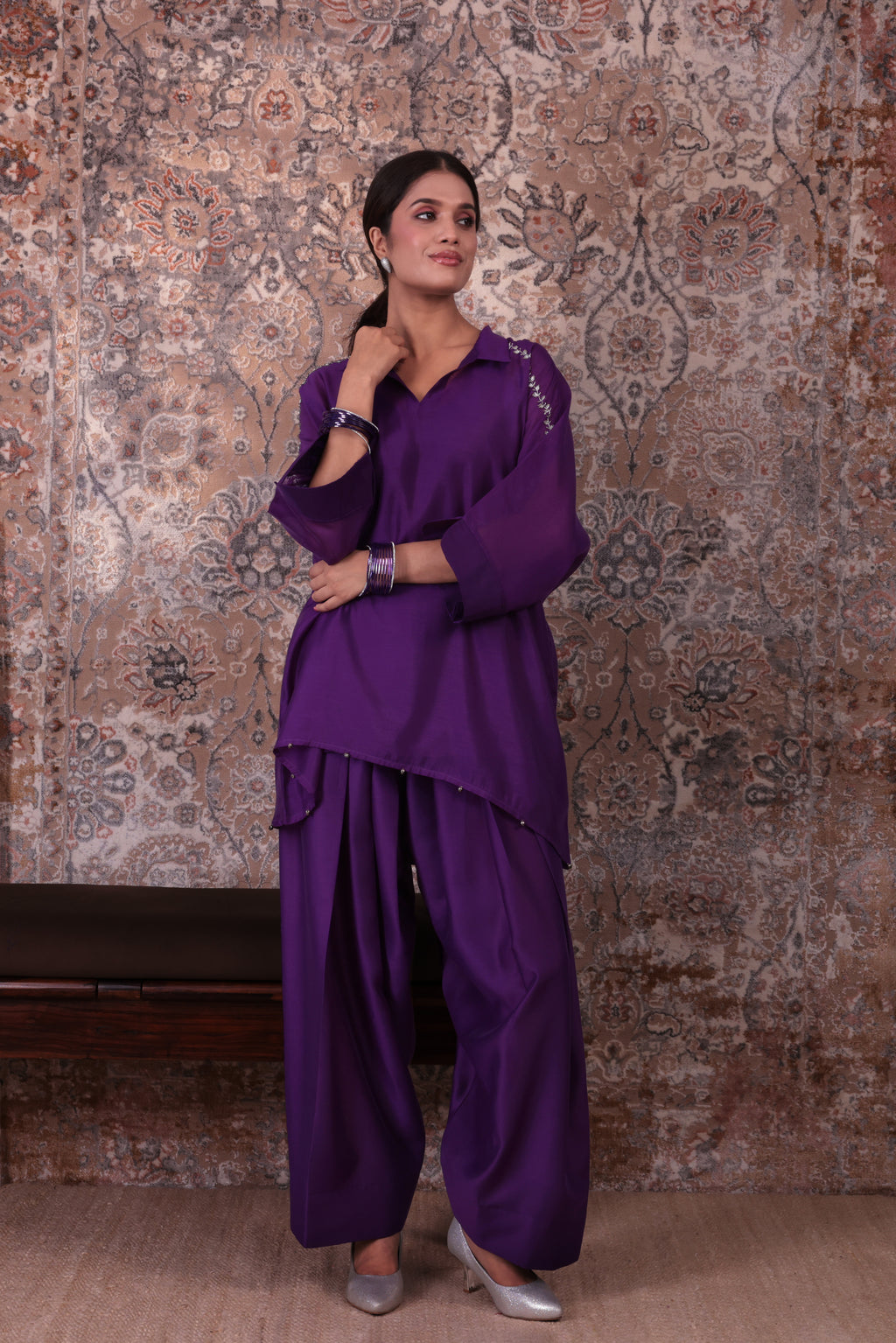 Raya - Women's Purple Embroidered Kaftan with Farshi Salwar Set
