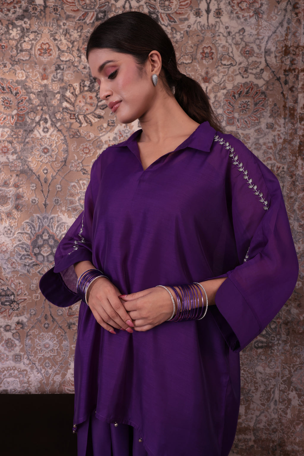 Raya - Women's Purple Embroidered Kaftan with Farshi Salwar Set
