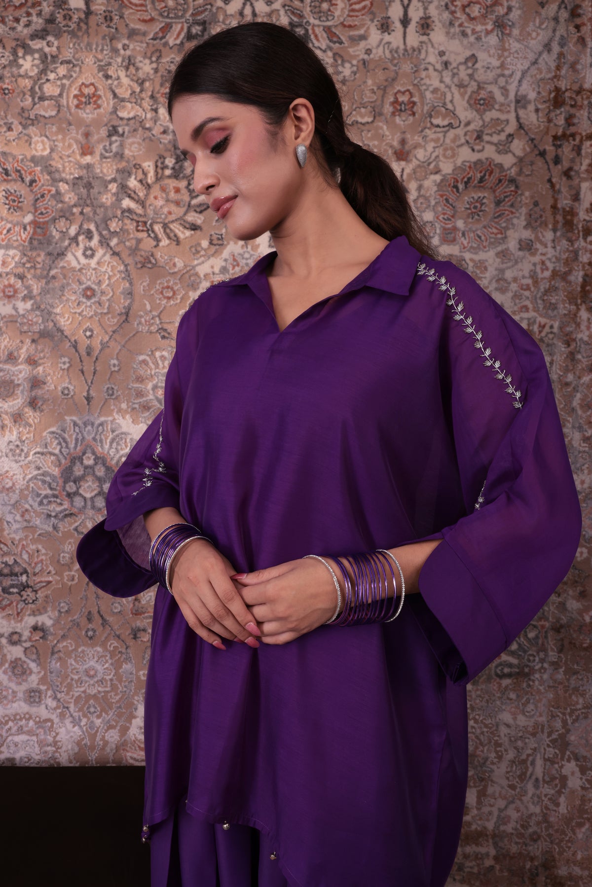 Raya - Women's Purple Embroidered Kaftan with Farshi Salwar Set
