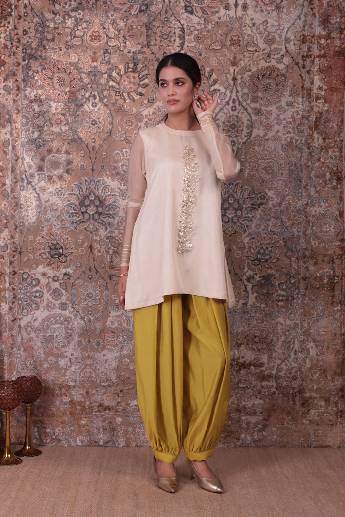 Rida - Women's Beige & Lime Green Short Kurta Set