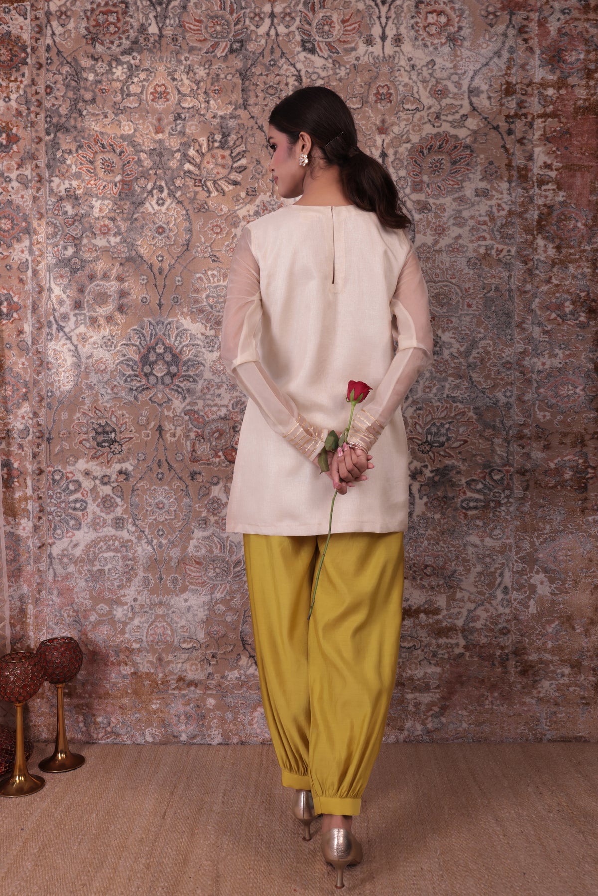 Rida - Women's Beige & Lime Green Short Kurta Set