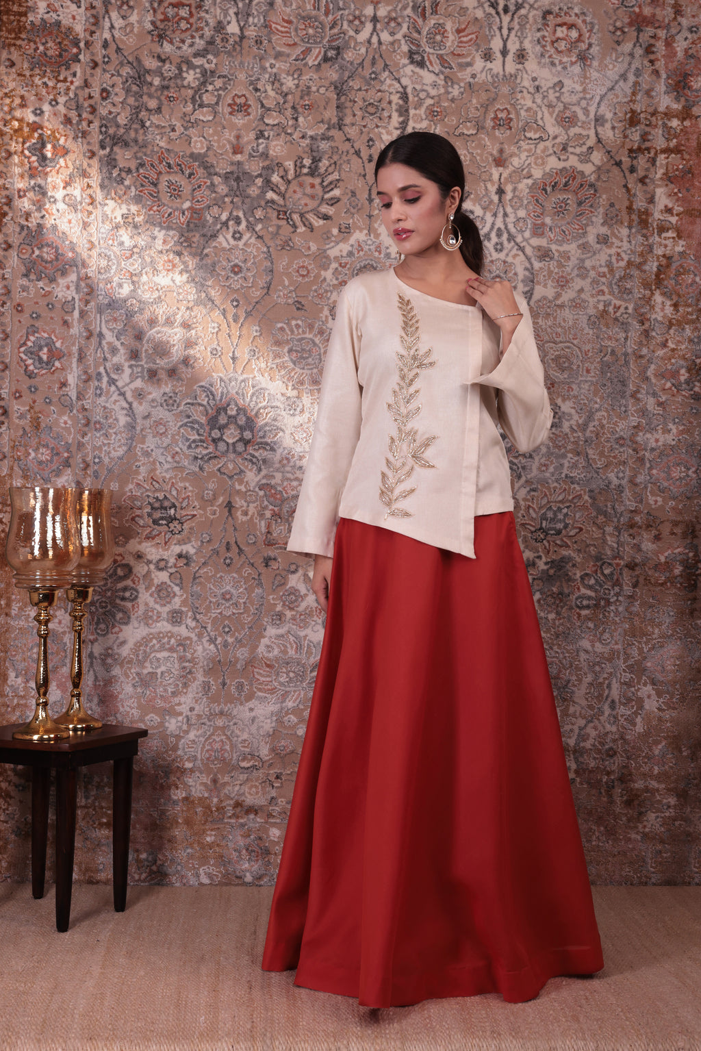 Zaara - Women's Beige & Rust Orange Embroidered Skirt Set