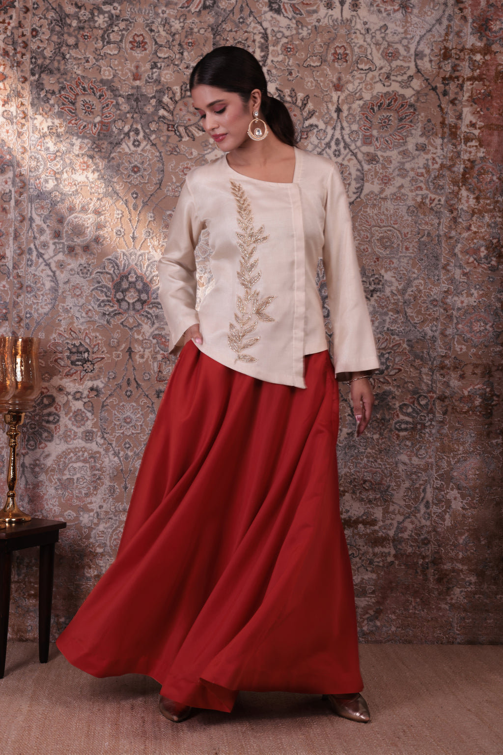 Zaara - Women's Beige & Rust Orange Embroidered Skirt Set