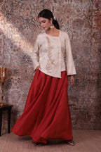 Zaara - Women's Beige & Rust Orange Embroidered Skirt Set