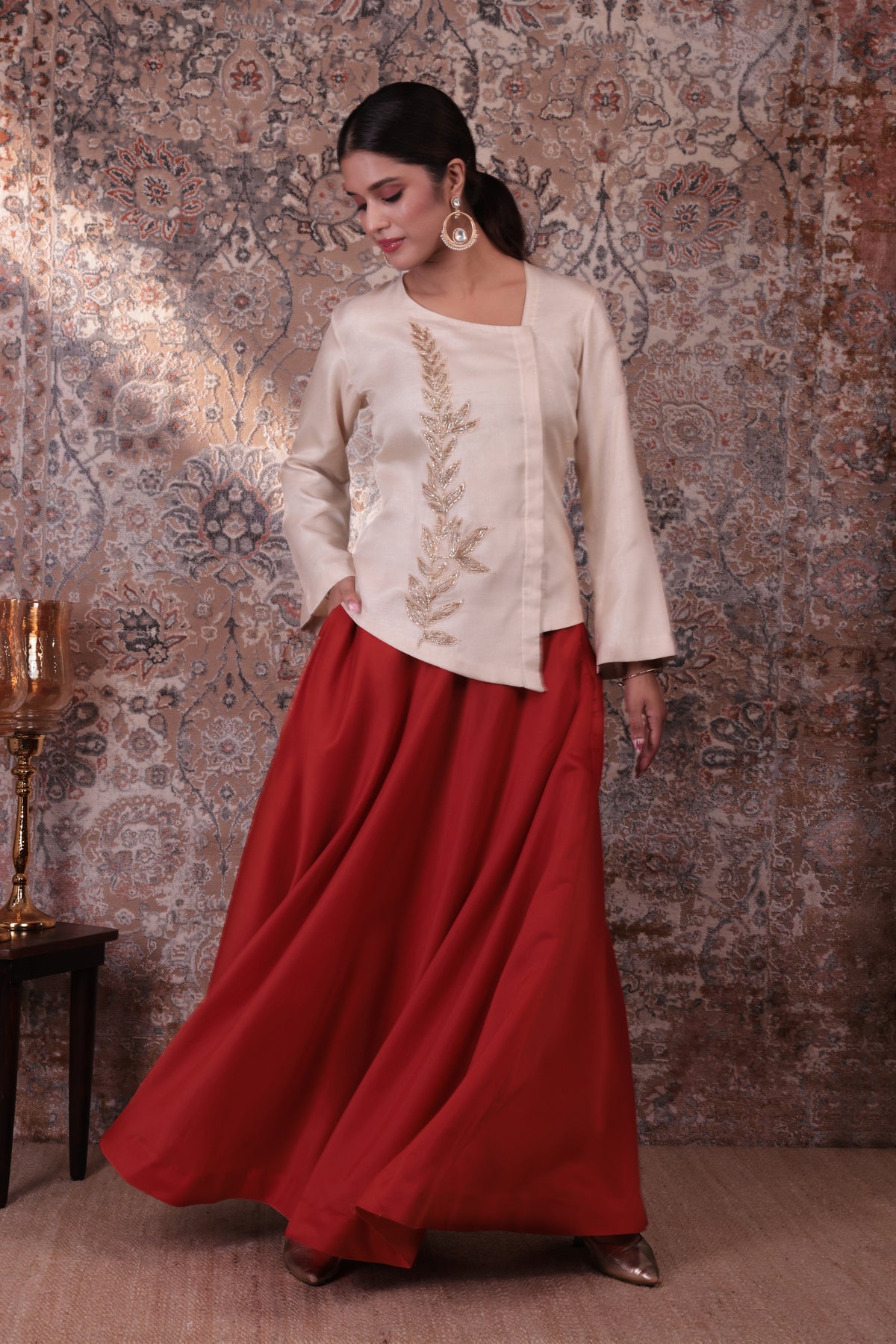 Zaara - Women's Beige & Rust Orange Embroidered Skirt Set