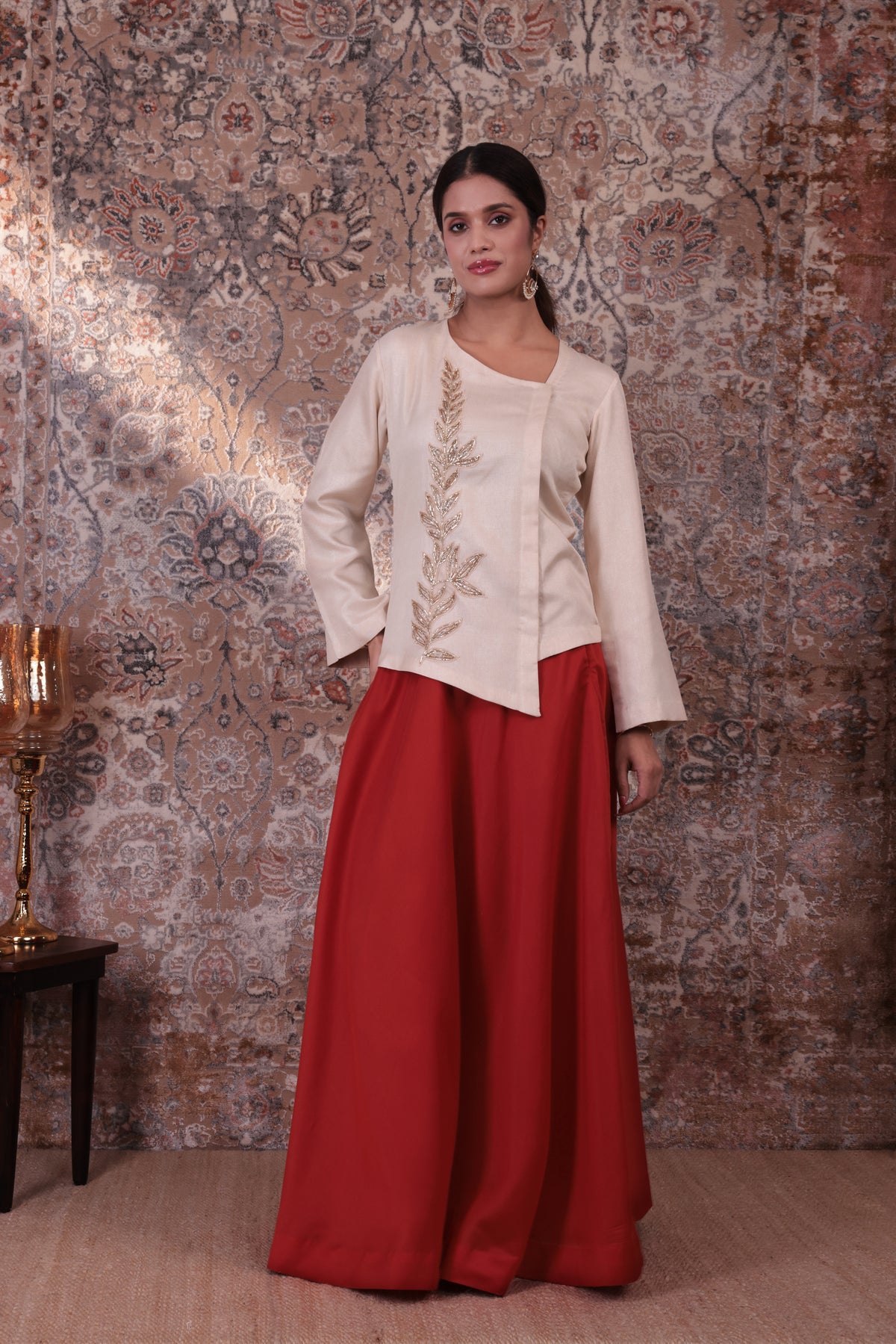Zaara - Women's Beige & Rust Orange Embroidered Skirt Set
