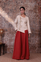 Zaara - Women's Beige & Rust Orange Embroidered Skirt Set