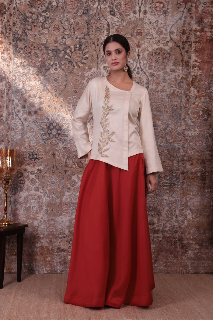 Zaara - Women's Beige & Rust Orange Embroidered Skirt Set