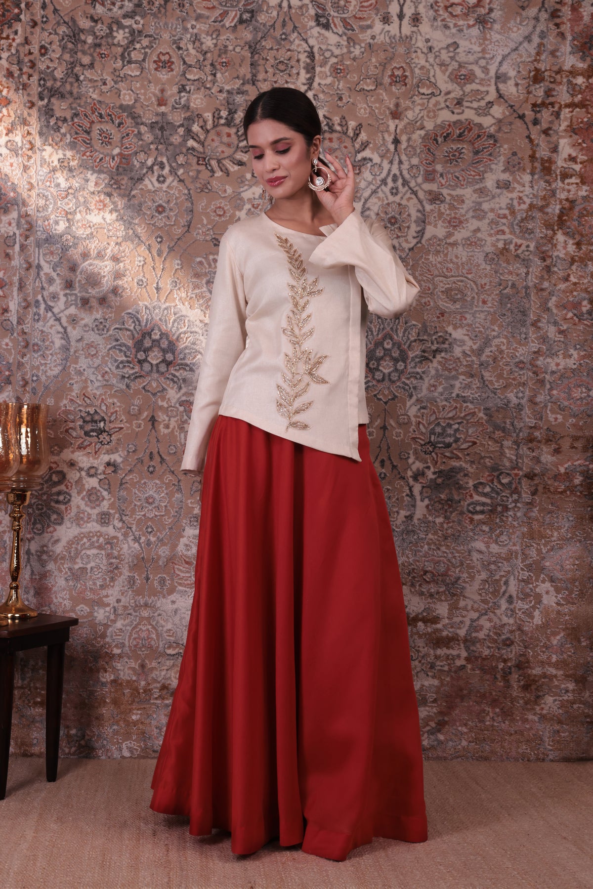 Zaara - Women's Beige & Rust Orange Embroidered Skirt Set